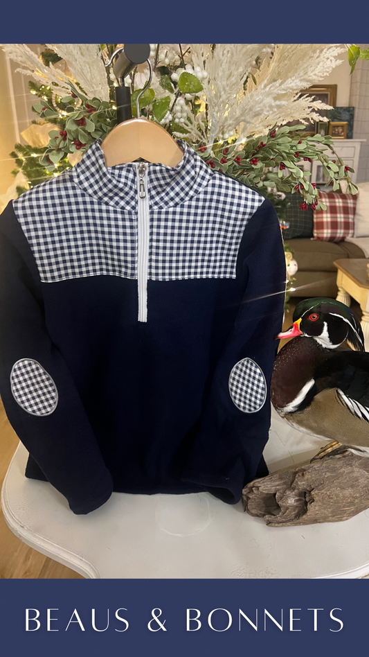 Navy Gingham Pullover with Elbow Patches