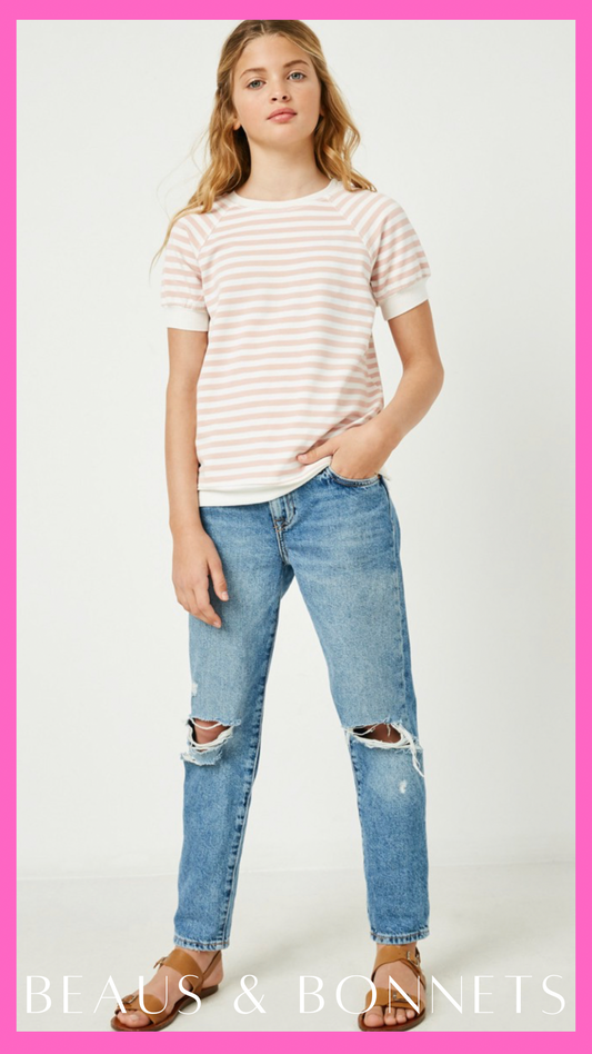 Pink Striped Banded Knit Tee
